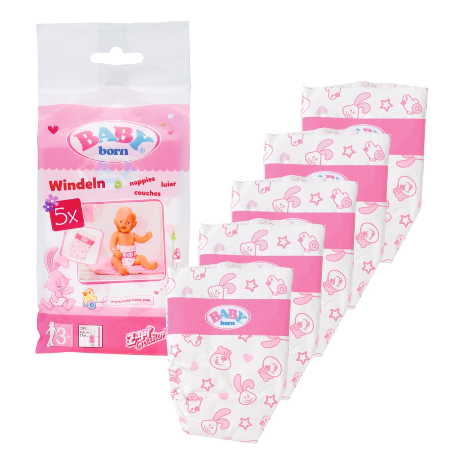 Nappies for 43 cm Doll - Easy for Small Hands, Creative Play Promotes Empathy & Social Skills, For Toddlers 3 Years & Up - Includes 5 Nappies