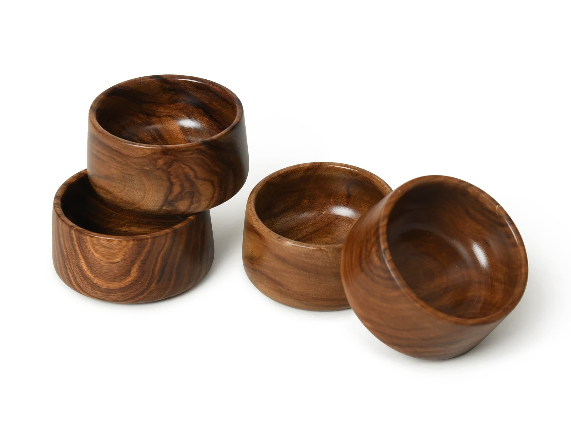WOODENCLAVEHandcrafted Solid Wooden Round Shape Multipurpose Serving Bowl for Breakfast Snacks Soup Serveware Salad Bowls for Home Kitchen - Set of 4 (Brown)