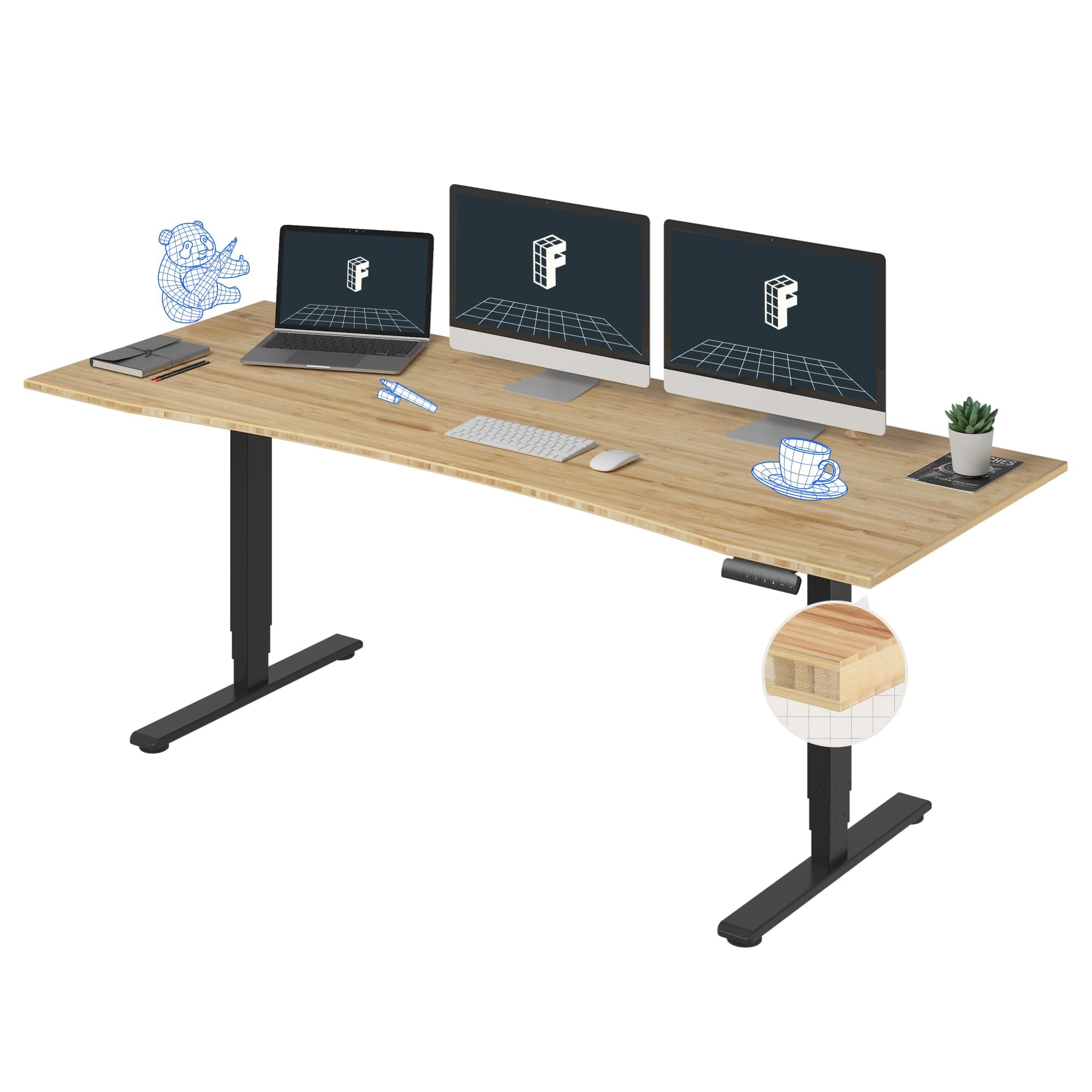 FLEXISPOT E6 Essential Bamboo 3 Stages Dual Motor 78x30 Inch Electric Height Adjustable Standing Whole-Piece Board Desk Sit Stand Up Desk (Black Frame + Bamboo Curved Desktop)