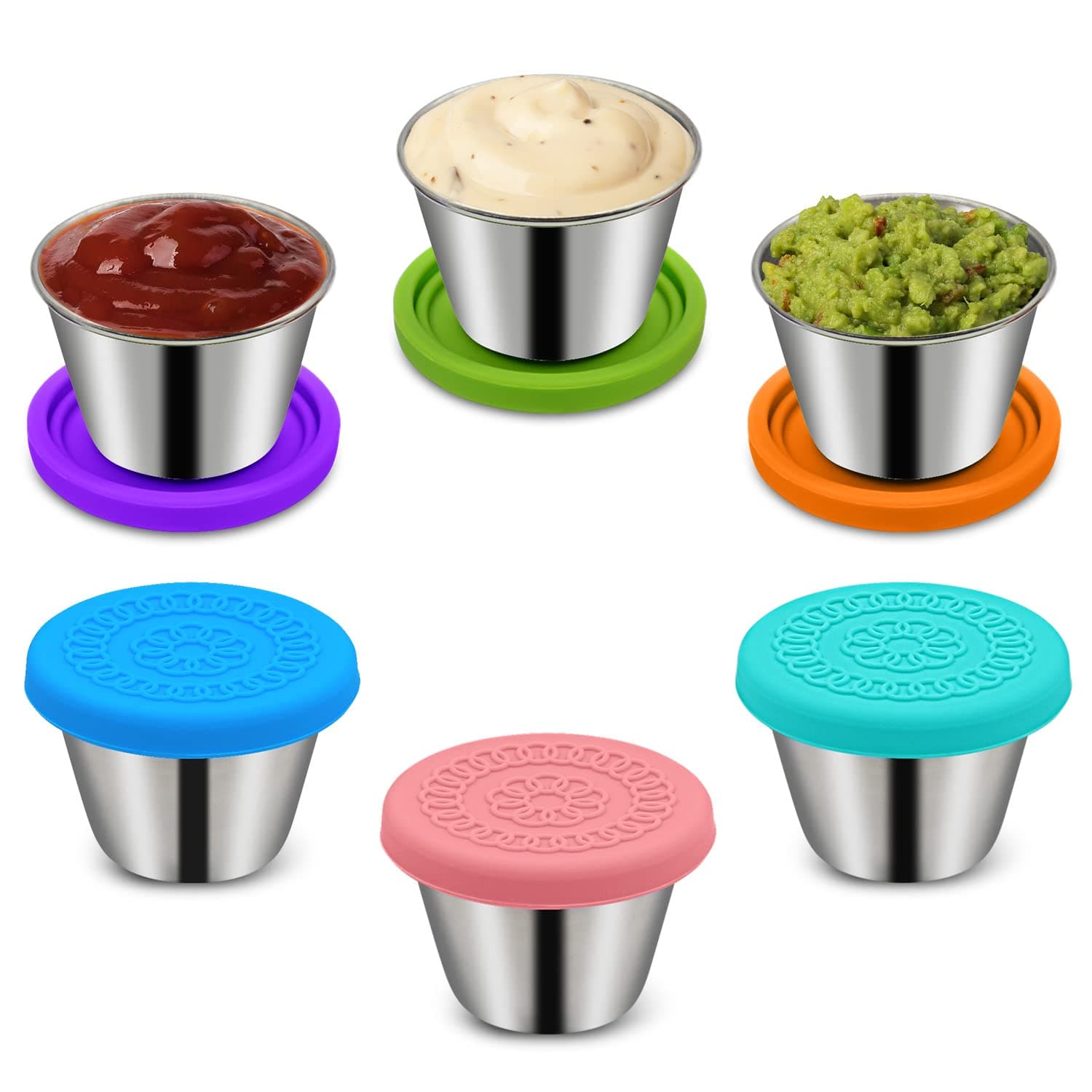 6Pack 2.4oz Salad Dressing Container To Go, Small Stainless Steel Condiment Containers with Silicone Lids, Leakproof Reusable Dipping Sauce Cups for Lunch Box