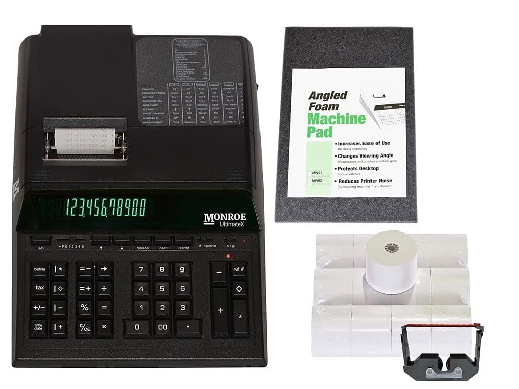 Monroe UltimateX Elite Printing Calculator/Adding Machine Bundle with Ribbons, Paper and Foam Calculator Stand