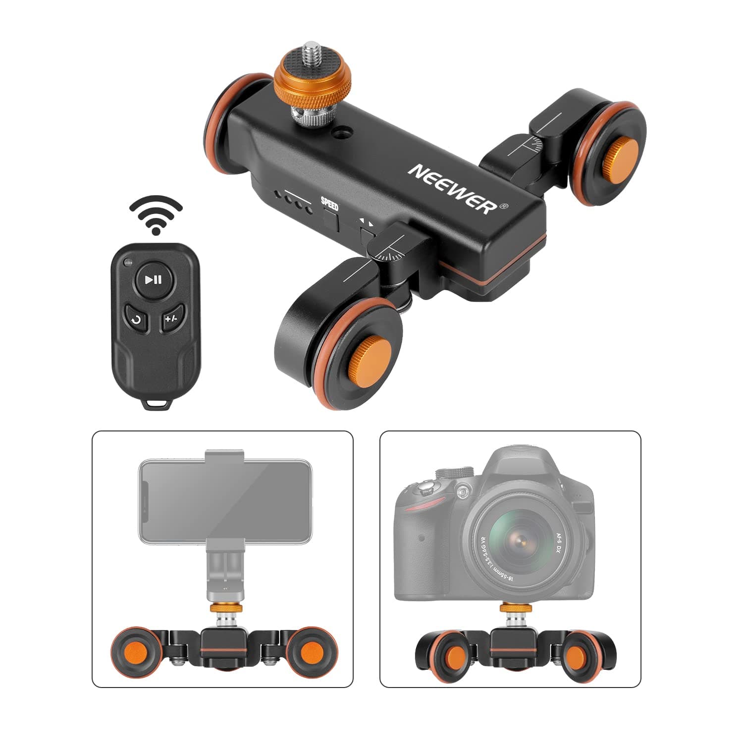 3 Wheels Wireless Video Camera Dolly, 3 Speed Motorized Electric Track Rail Slider Dolly Car with Remote Control, Compatible with DSLR Camera Camcorder GoPro iPhone and Android Smartphone