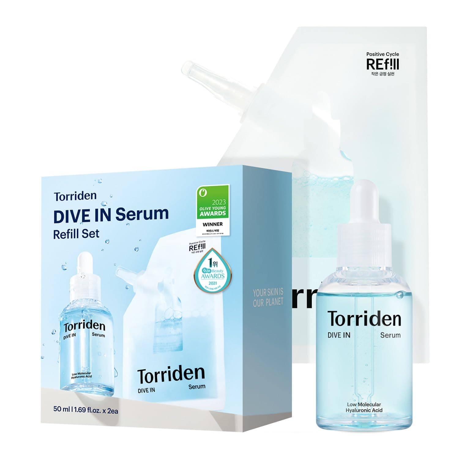 DIVE IN Serum 1.69 fl oz + refill pouch 1.69 fl oz | Deep Hydration to Get Glow Skin | Hyaluronic Acid, Panthenol, Allantoin | Korean Facial Serum