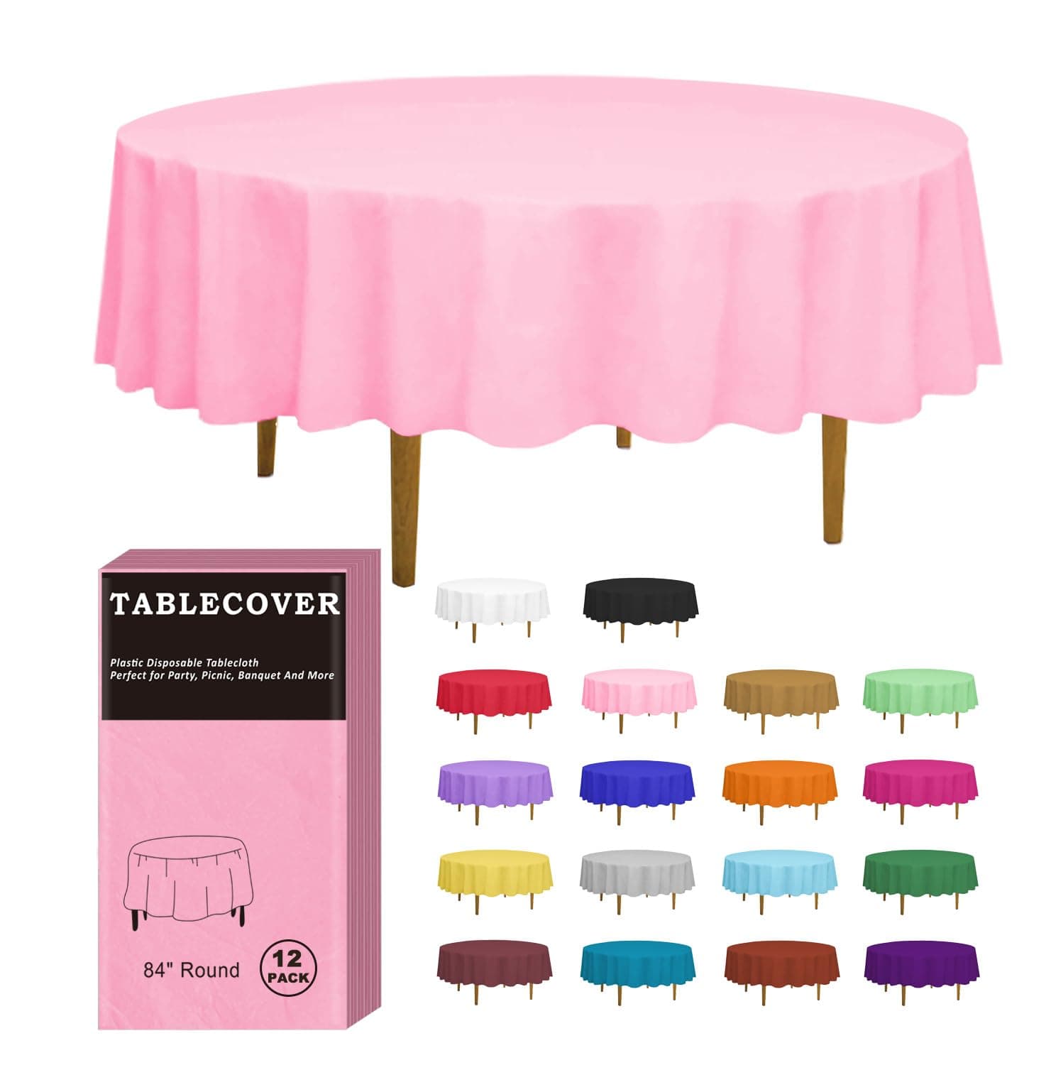 D&Z Plastic Round Tablecloth, 12 Pack Pink, 84" x 84", Ideal for Indoor & Outdoor, Weddings, Valentine's Day, Birthdays