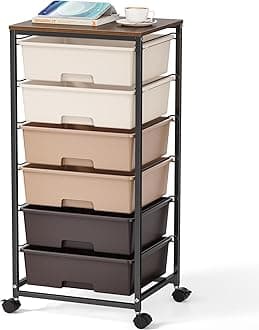 Rolling Storage Cart with Drawers,Utility Cart with 6 Large Drawers and Wooden Tabletop,Craft Storage Cart with Lockable Wheels for Bedroom, Office, Classroom, Kids'Room, Living Room (Brown)