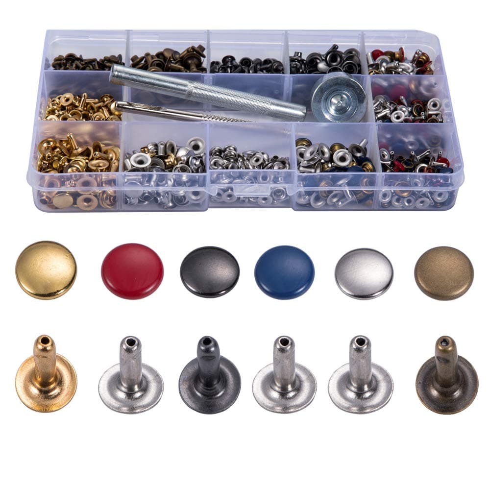 240 Set 2 Sizes Leather Rivets Single Cap Rivet Tubular Metal Studs with 2 Pieces Fixing Tool for DIY Leather Craft, Rivets Replacement, 6 Colors (Gold, Silver, Red, Blue, Primary Colour and Bronze)