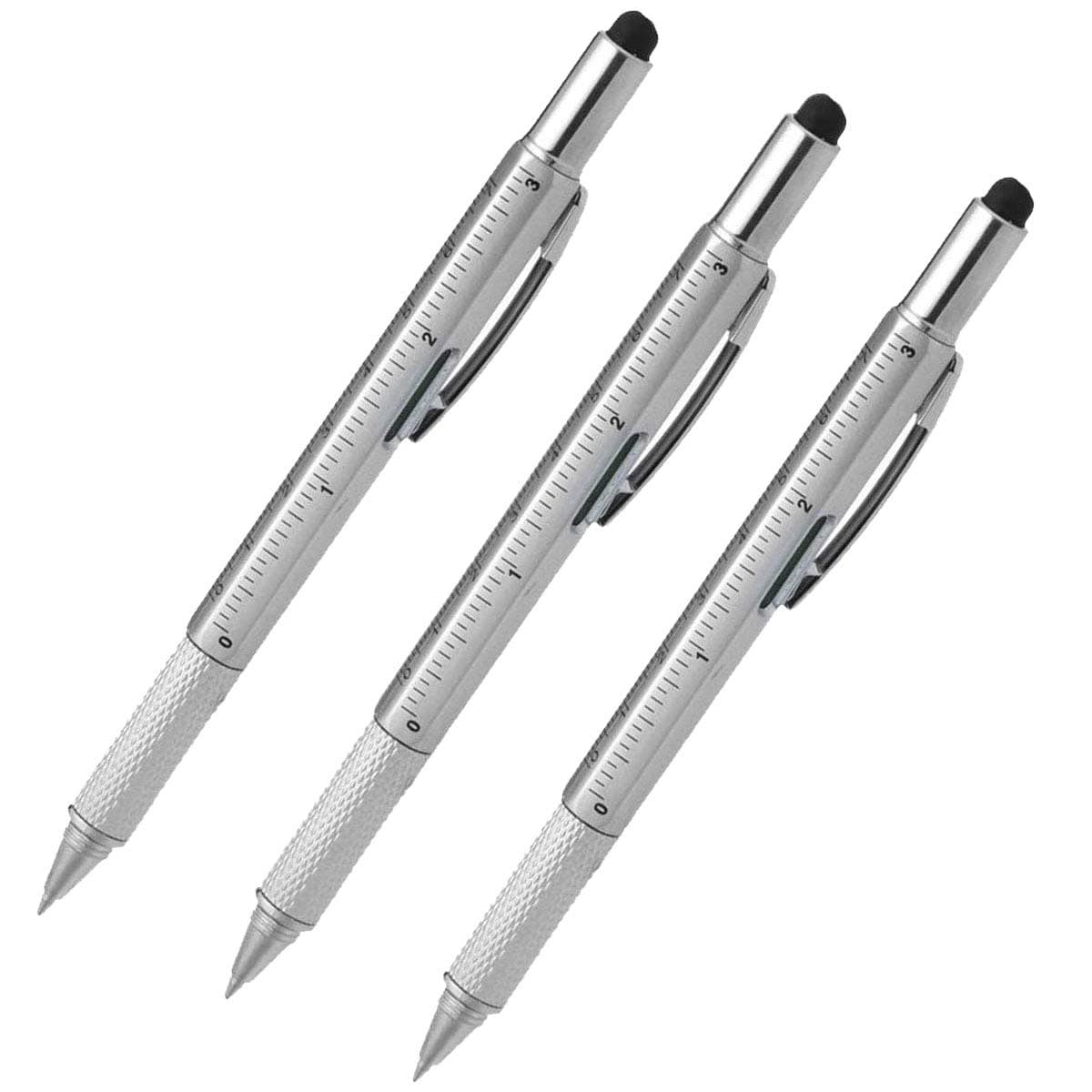 Stylus Pen, 7-in-1 Multi-Tool Pen Touchscreen Stylus, Ballpoint Pen, Ruler, Level, Phone Holder, Corkscrew, Phillips Screwdriver and Flathead (3 Pack Silver)