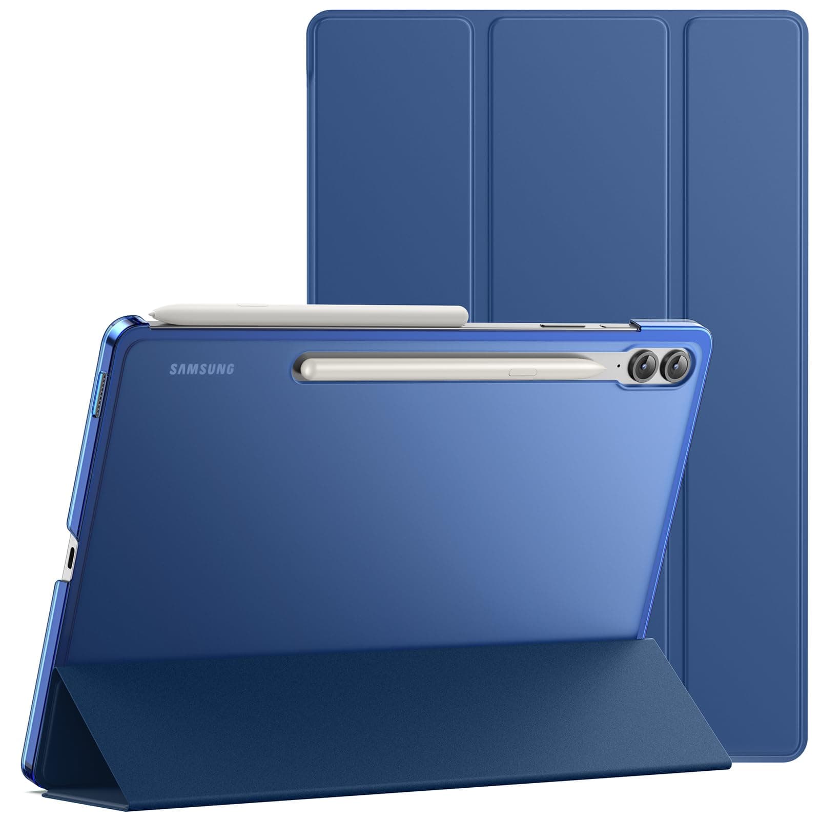 JETech Case for Samsung Galaxy Tab S9 FE+ / S9 FE Plus 12.4-Inch, Slim Translucent Back Tri-Fold Stand Protective Tablet Cover, Support S Pen Charging, Auto Wake/Sleep (Navy)