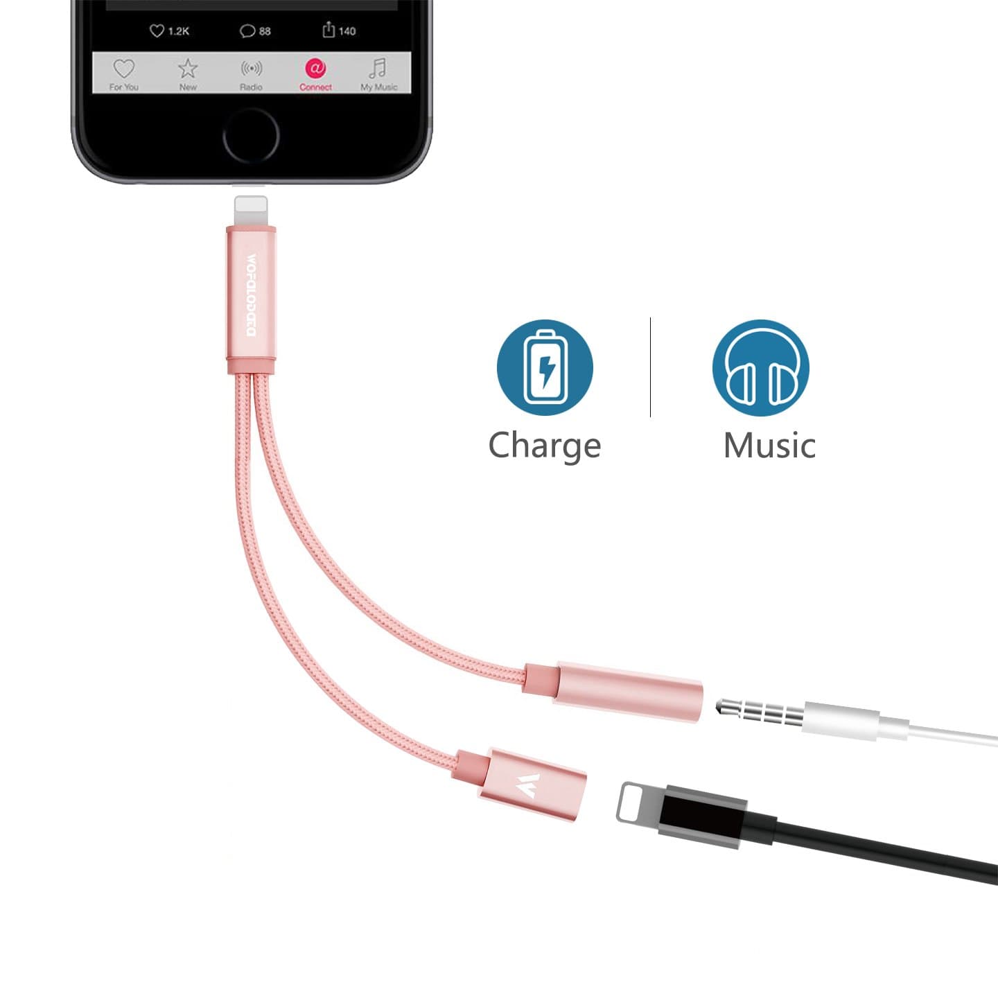 Lightning to 3.5mm Headphone Splitter Adapter for iPhone 7/7 Plus,Wofalodata 2nd Generation Aux 3.5mm Audio and 2A Quick Charge Cable Adapter Compatible for iOS 10.3(Rose)