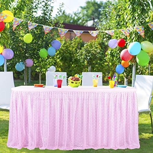 Leegleri 9ft Tulle Table Skirt for Rectangle or Round Table Pink Tutu Table Skirt with Silver Plum Embroidered for Baby Shower Party Wedding Birthday Decoration