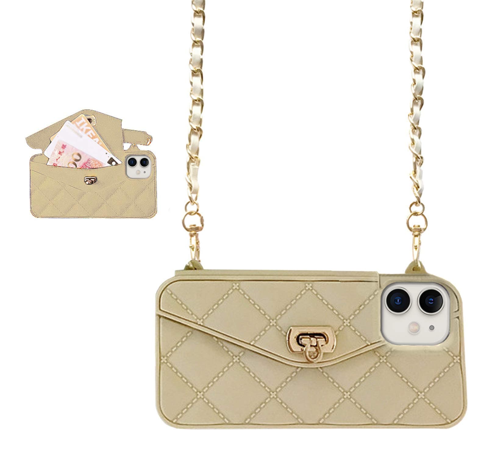 UnnFiko Wallet Case Compatible with iPhone 11, Cute Light Luxury Bag Design, Purse Flip Card Pouch Cover Soft Silicone Case with Handstrap Long Shoulder Strap (Khaki, iPhone 11)