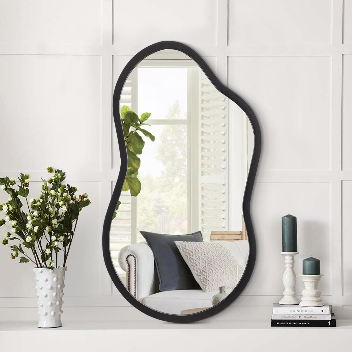 AAZZKANG Irregular Small Mirror with Wooden Frame Asymmetrical Decorative Black Wall Mirrors for Bedroom Dressing Room Living Room Bathroom Entryway