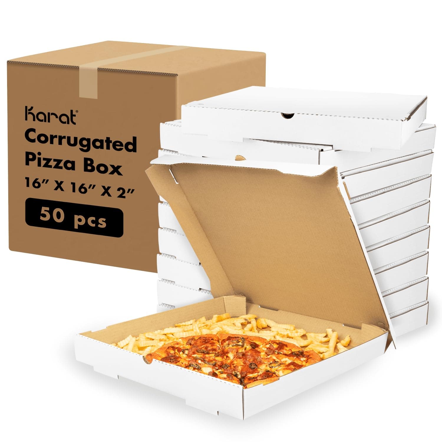 Karat Pizza Boxes 16" x 16" [50 Pack] White Grease-Resistant Corrugated Pizza Box, Ventilated & Convertible to Plate, Perfect for Personal & Pizzas