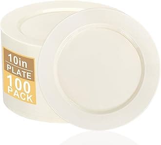 I00000 100 Pcs Ivory Plastic Plates,10inch Cream Dinner Plate, Elegant Disposable Plates Perfect for Birthday, Party,Wedding, Baby & Bridal Shower (100 Guests)