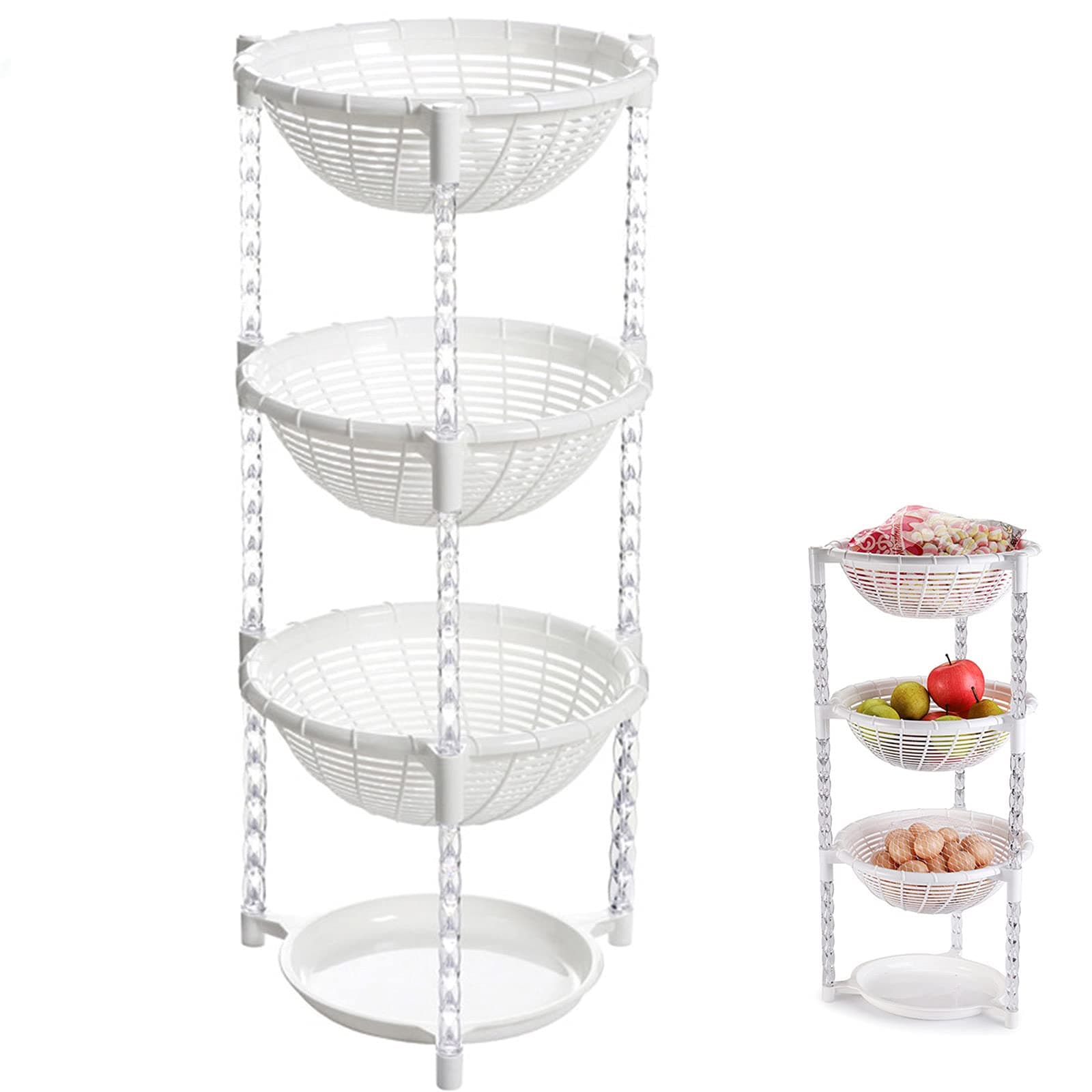 Yarlung 3 Tier Plastic Stacking Baskets with Plate, Shelf Organizer Utility Rack Bins for Fruit, Vegetables, Bottles, Toys, Toiletries, Kitchen, Cabinet, Pantry, Closet, Bathroom, White