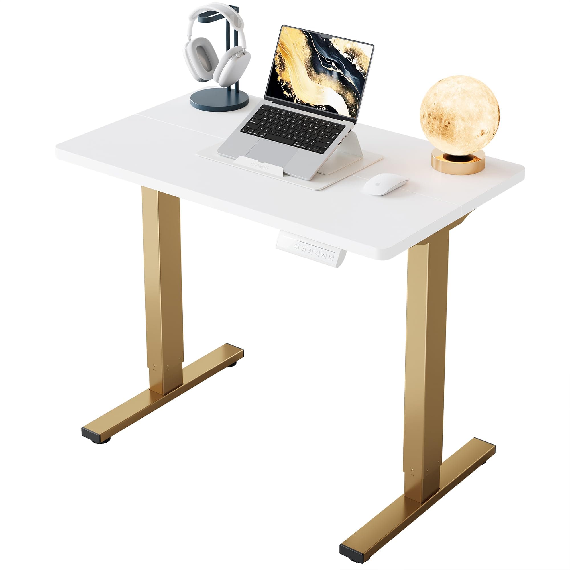 HUANUO 32" Small Electric Standing Desk Adjustable Height, 4 Memory Height Settings, Sit Stand Up Desk for Home Office & Computer Workstation, White and Gold Frame
