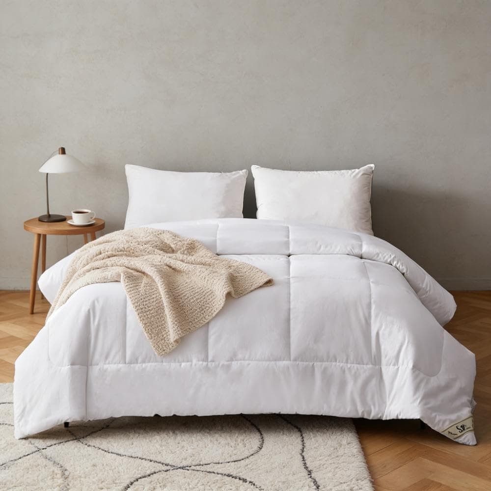 Down Alternative Comforter, Queen Size Duvet Insert with 100% Cotton Cover, Ultra-Soft Microfiber Quilted All Season Breathable Cooling Bed Comforter (Queen, White)