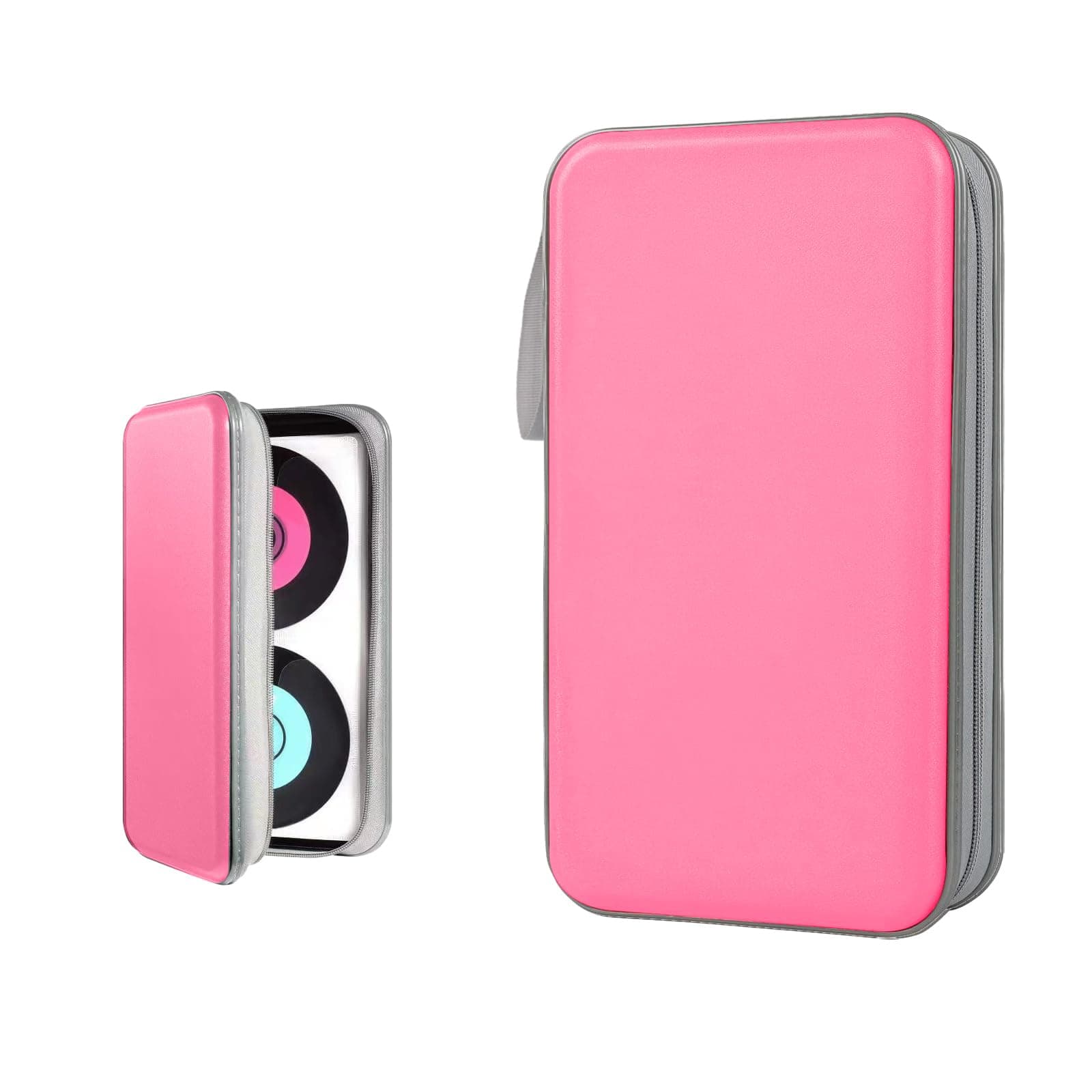 Sylvil Car CD DVD Case, 96 Capacity Hard Plastic CD Holder, Portable Zipper DVD Disc Organizer Storage Wallet with Closure and Handy Strap, Car Accessories for Home Office Travel (Pink)