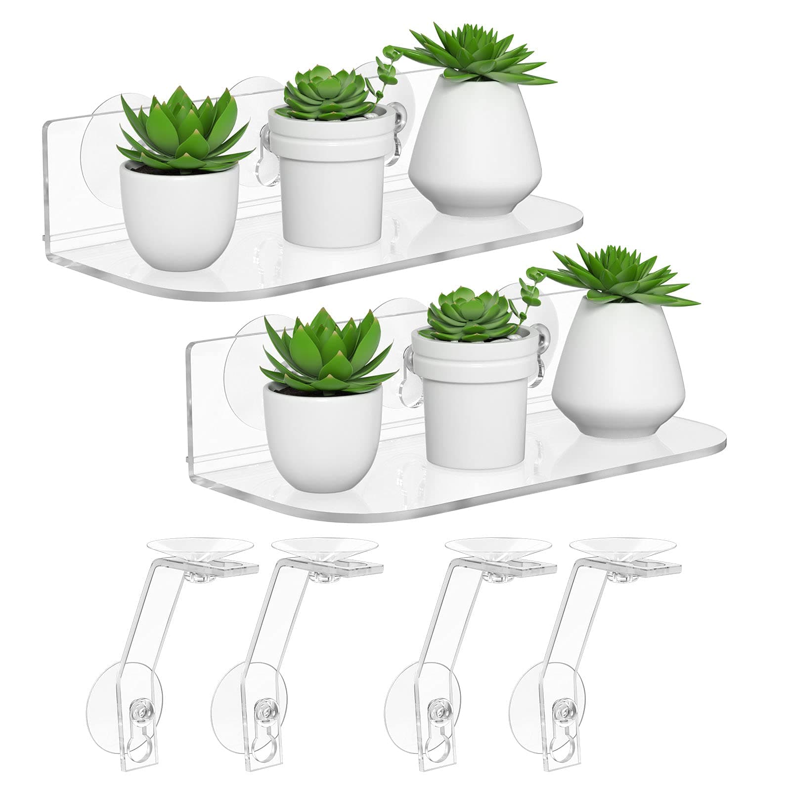 NPPLUS 2 Pack Acrylic Suction Cup Shelf, Tool Free Window Plant Shelves With Legs, 12 Inches Clear Acrylic Indoor Ledge Garden Stand with for Growing Herbs, Microgreens, Succulents,Etc.