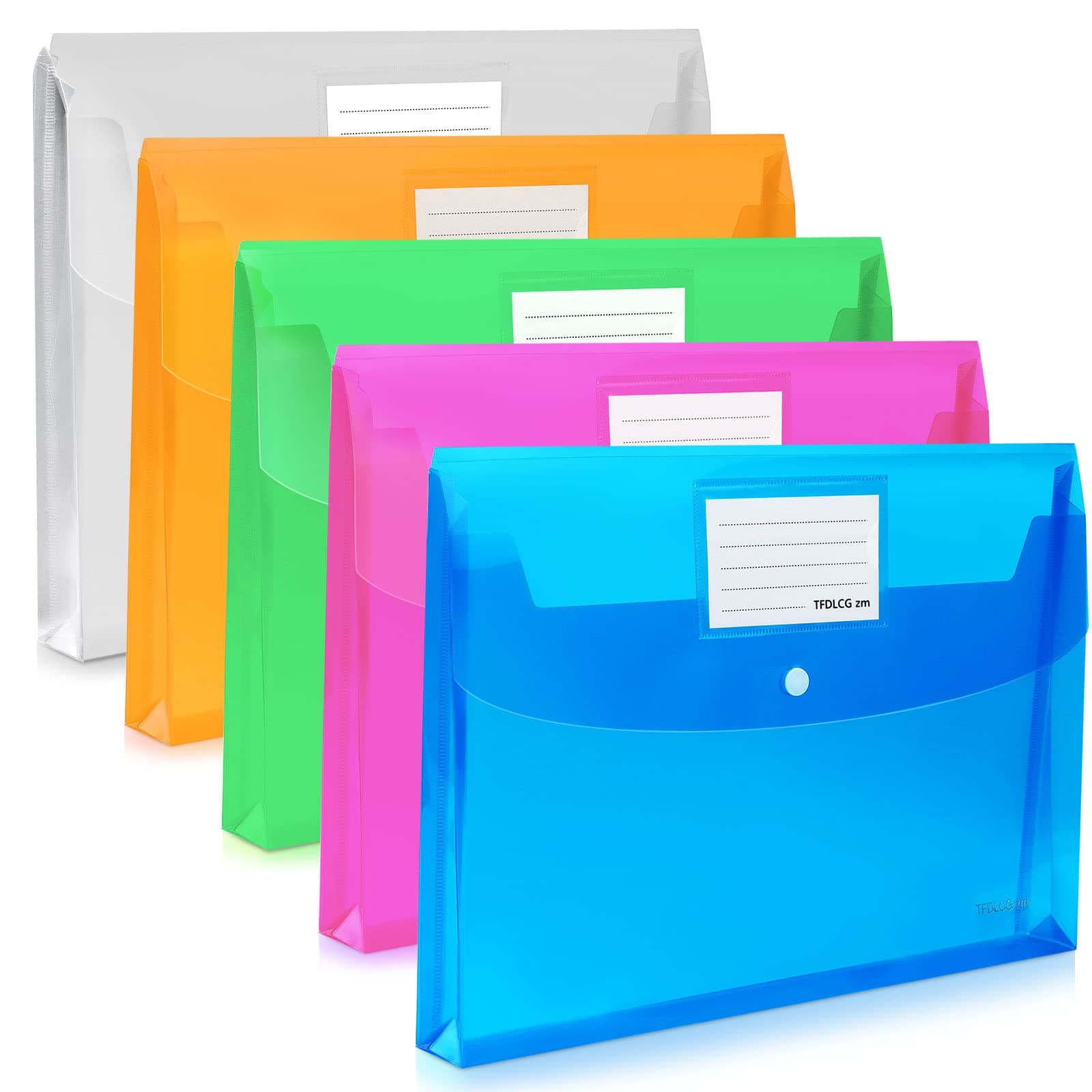 5 Pack Plastic Envelopes,Large-Capacity Colored Clear Folders for Documents File Folder,TFDLCG zm Poly Envelopes with snap Closure,A4 Letter Size(13"×9.5") for School Home Office,Assorted Colors