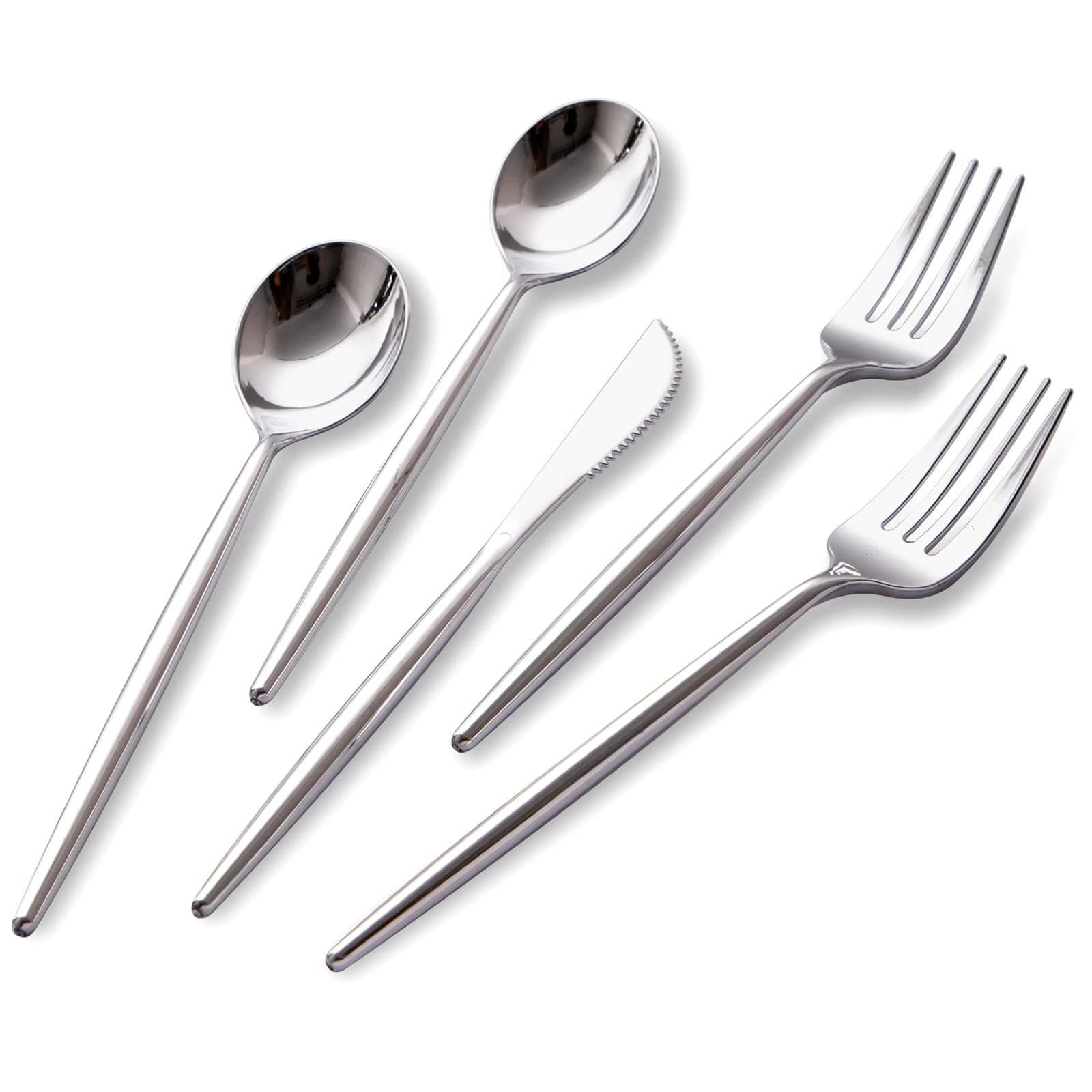SUT 150Pcs Silver Plastic Silverware, Silver Disposable Cutlery, Heavy Duty Disposable Silverware, Plastic Utensils Include 50 Plastic Forks, 50 Plastic Spoons, 50 Plastic Knives