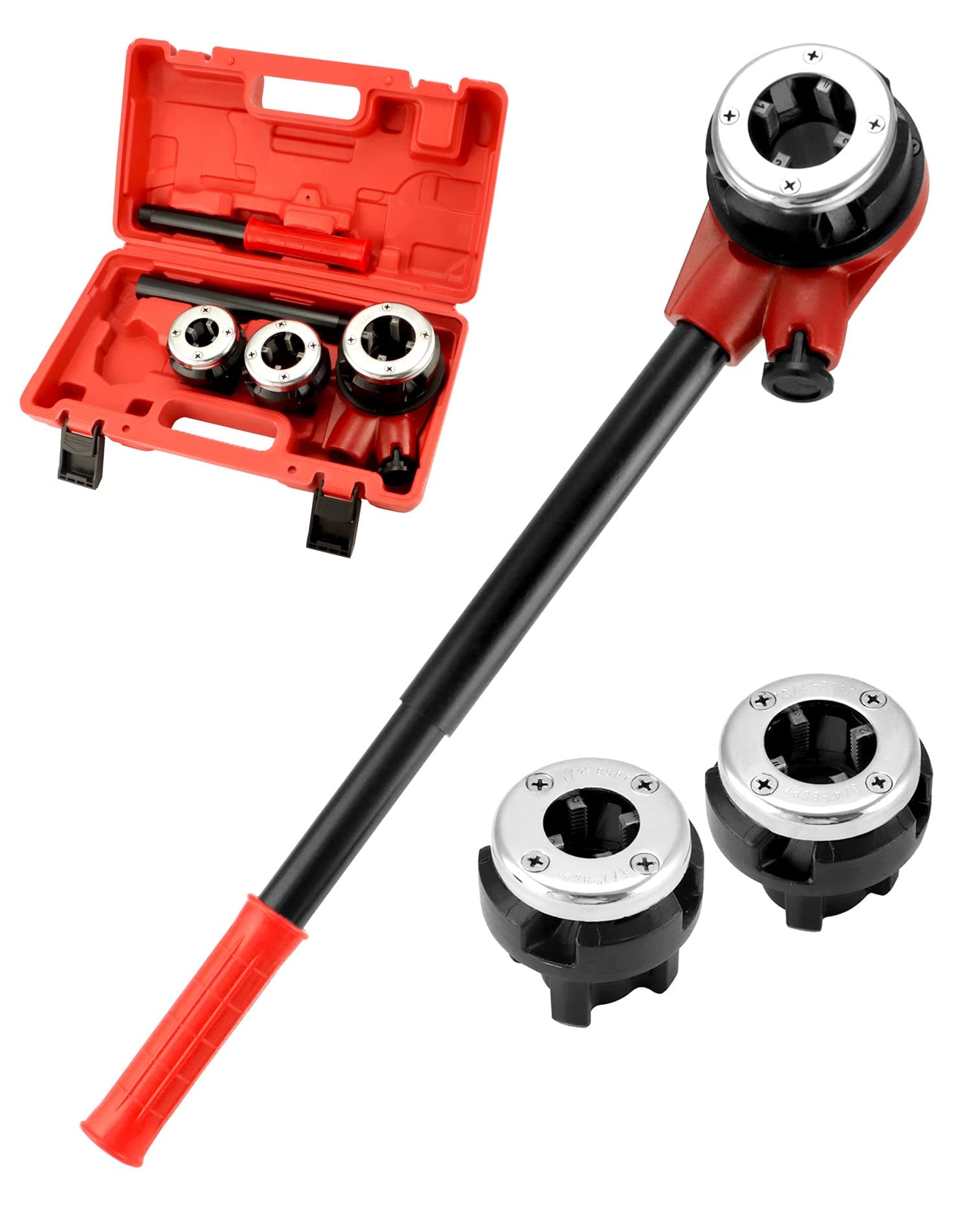 QWORK BSPT Ratchet Pipe Threader Kit, 3 Die Ratcheting Pipe Threading Tool Set 1/2", 3/4", 1", for Professional Cutting & Pipe Threaders