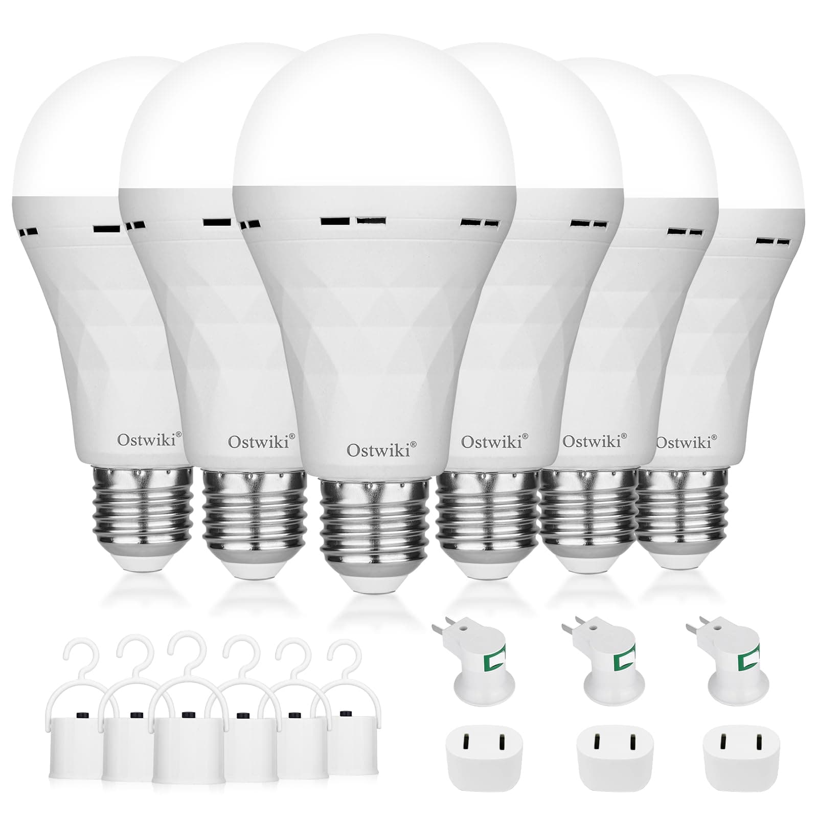 Ostwiki Emergency Rechargeable Light Bulbs,6 Pack Battery Operated Backup Light Bulb for Power Outage Camping Outdoor Hurricane 9W E27 8500K 1200mAh White Equivalent Self-Charging LED Light Bulbs