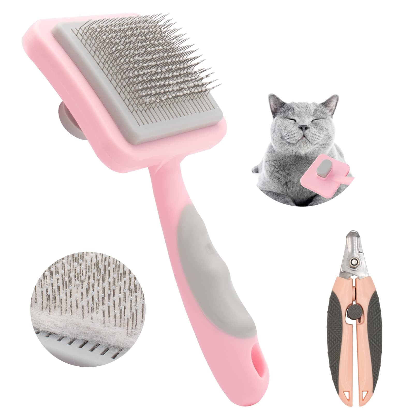 Petzilla Cat Brush with Release Button, Dog Brush for Shedding, Cat Hair Brush Dog Grooming Brush Easily Removes Mats, Tangles and Loose Fur, Dog Hair Brush and Pet Nail Clippers (Pink)