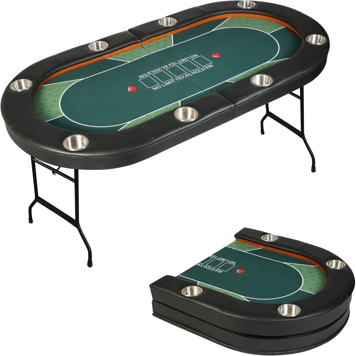 Upgraded 8- Player Foldable Poker Table for Blackjack Card Game, Portable Casino Table for Game Room with Stainless Steel Cup Holder, Padded Rails, Green Felt Surface