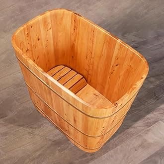 Wooden Free Standing Bathtub Lit for Small Bathroom, Japanese-Style Tradtional Deep Soaking Tub for Adults, Compact Bathtub for Dorm/Spa, Removable Bathtub with Wooden Tub Tray,90cm/35.43in