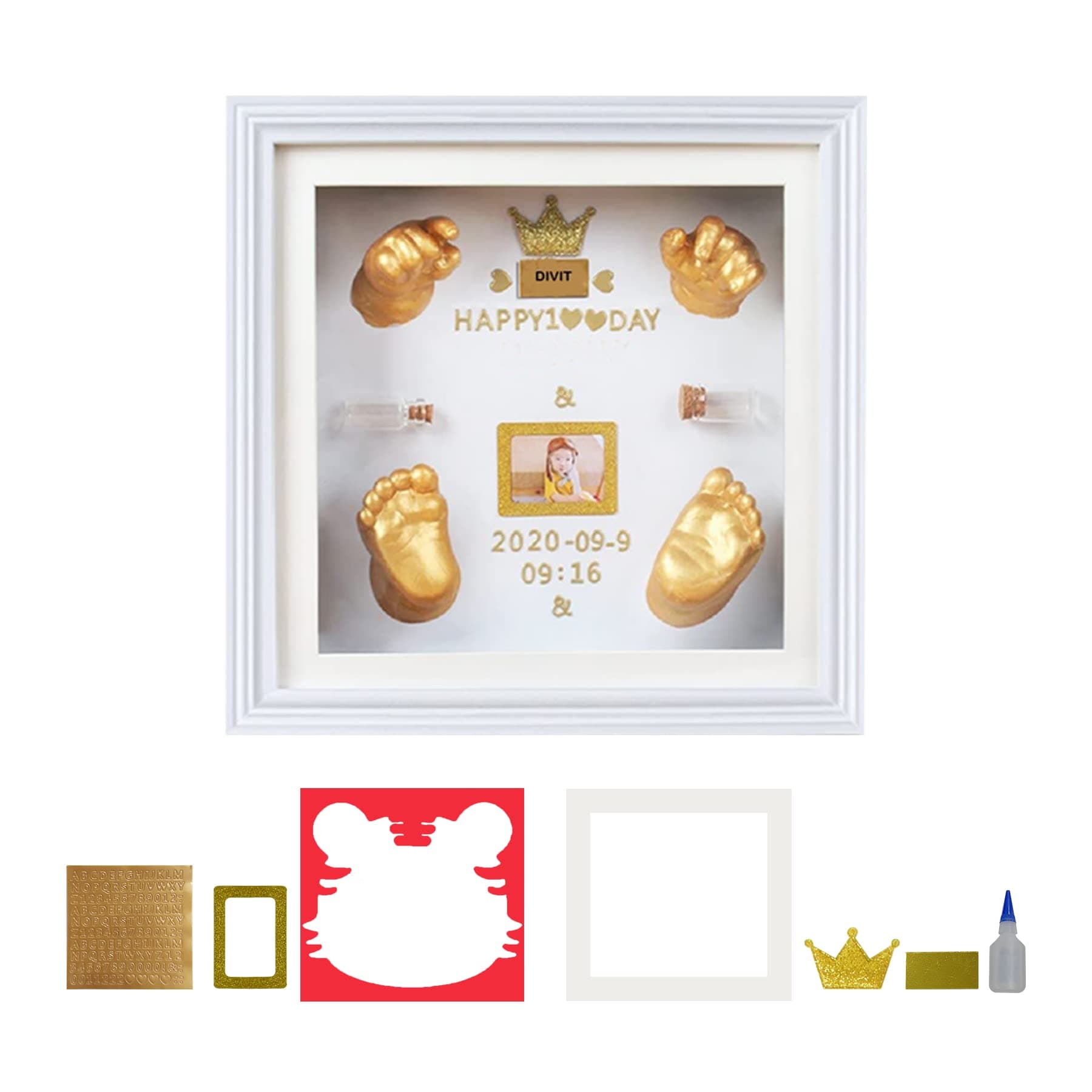 Mold Your Memories Baby Casting Frame for 2 Hand and 2 Feet. wooden frame for baby hand and feet casting, Display shadow frame box for baby casting (ONLY FRAME WHITE)