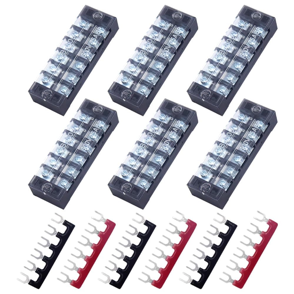 – 12pcs(6 Sets) 6 Positions Dual Rows Covered Screw Terminal Block 600V 25A + 6Pcs 6 Positions Pre-Insulated Black/Red Fork Terminal Barrier Strip 400V 25A (TB2506)