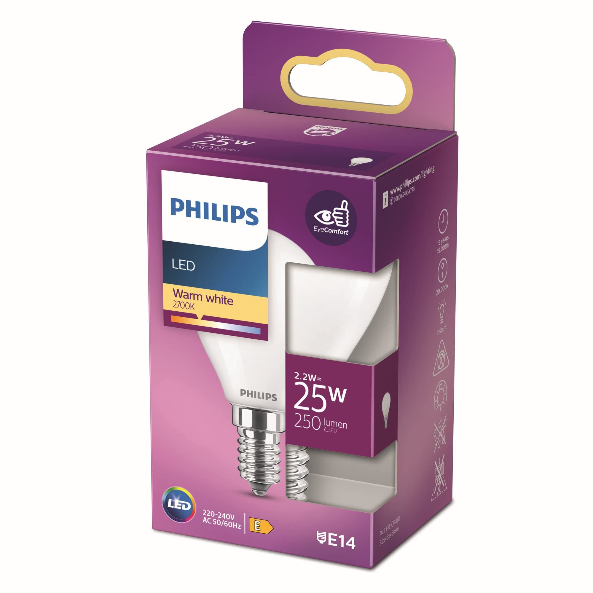 LED Classic P45 Lustre Light Bulb [E14 Small Edison Screw] 2.2W - 25W Equivalent, Warm White (2700K), Non Dimmable