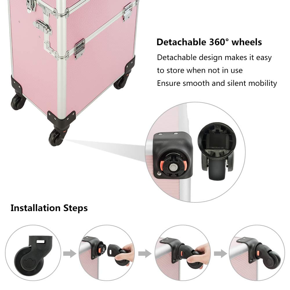mefeir 2 in 1 Rolling Makeup Train Case, Makeup Travel Organizer Cosmetology Case, Aluminum Cosmetic Display Suitcase on Wheels, Beauty Storage Luggage Lockable w/4 Removable Wheels (Pink)