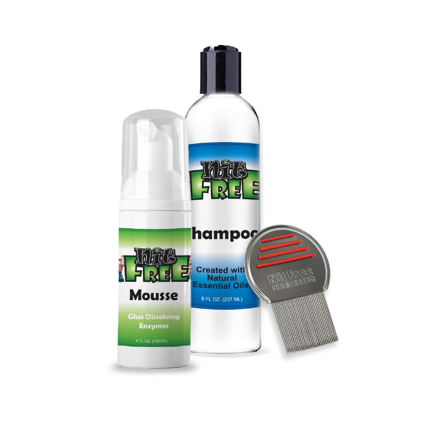 Nit Free Professional Lice Kit - 3 Step Kit Mousse 4oz, Shampoo 8oz Professional Stainless Steel Terminator Comb