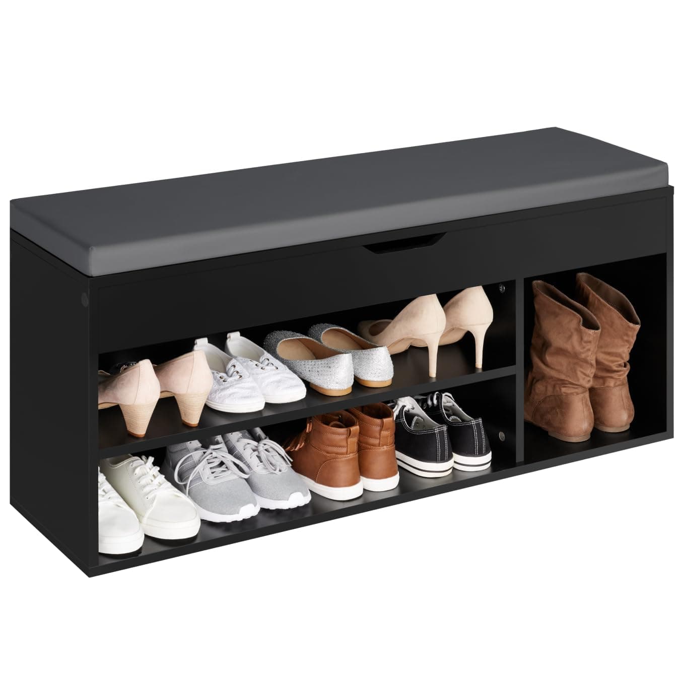 TecTake® Shoe Bench with Soft Seat Cushion & 4 Storage Compartments, Shoe Storage Unit in Robust MDF Wood, Easy-to-Clean & Minimalist Shoe Storage Bench for Hallway, Living Room, Bedroom - Grey/Black