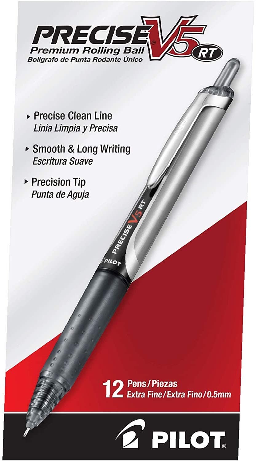 Precise V5 RT Refillable & Retractable Rollerball Pens, Extra Fine Point Pens 0.5 mm, Black, Pack of 12 - Ideal for School, Journaling & Office Writing
