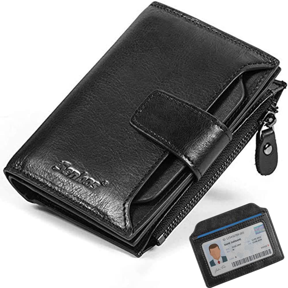 Wallet Mens, RFID Blocking Genuine Leather Wallet for Men with 18 Credit Card Slots, 2 Banknote Compartments, 1 Zipper Pocket and Removable ID Card Holder, Classic Vertical Wallet with Gift Box