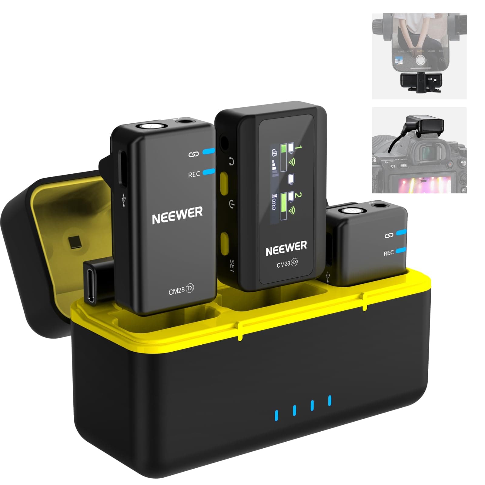 CM28 (1 RX + 2 TX + Charging Case), Wireless Lavalier Microphone, Smart Noise Cancelling, 48KHz/16Bit 9 Hrs Uncompressed Recording, 656ft/200m Range, Lav Mic for iPhone, Android, Camera