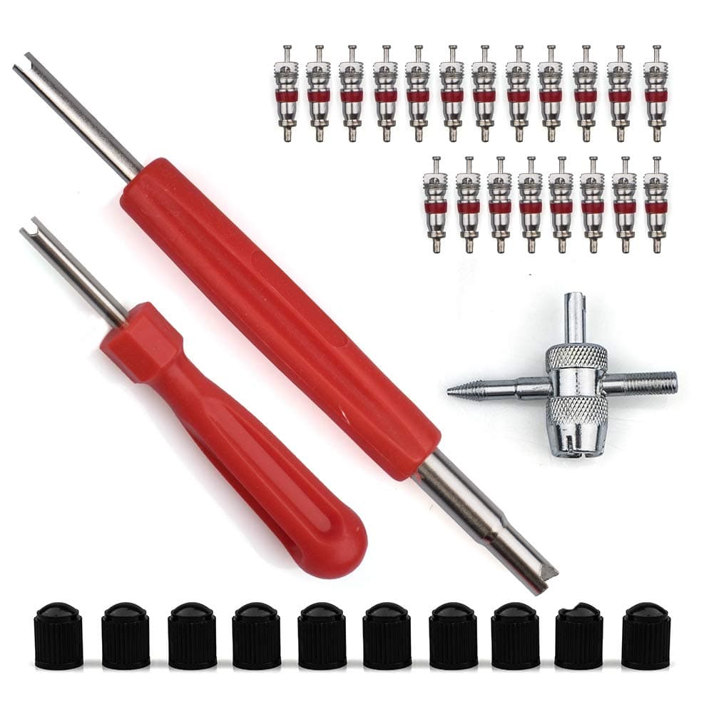 Novelfun Tire Valve Core Tool Set with Dual & Single Head Valve Core Remover Tire Repair Tool,1 Pcs 4-Way Valve Tool,10Pcs Tire Valve Caps,20Pcs Valve Cores