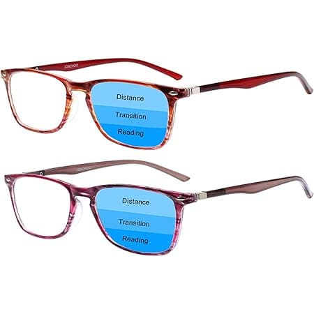 2 Pack Progressive Multifocus Reading Glasses Men and Women Computer Blue Light Blocking Anti Eyestrain Readers (Red Purple, 2.50)