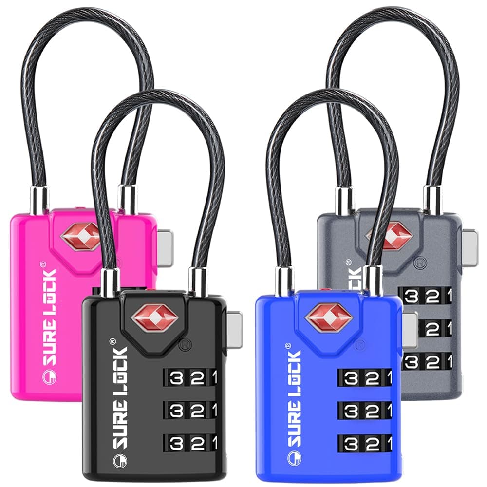SURE LOCK TSA Approved Combination Luggage Locks with Open Alert Indicator – Durable Zinc Alloy Cable Travel Locks with Large Easy-Read Dials for Suitcases, Backpacks & Gym Bags( Four Colour)