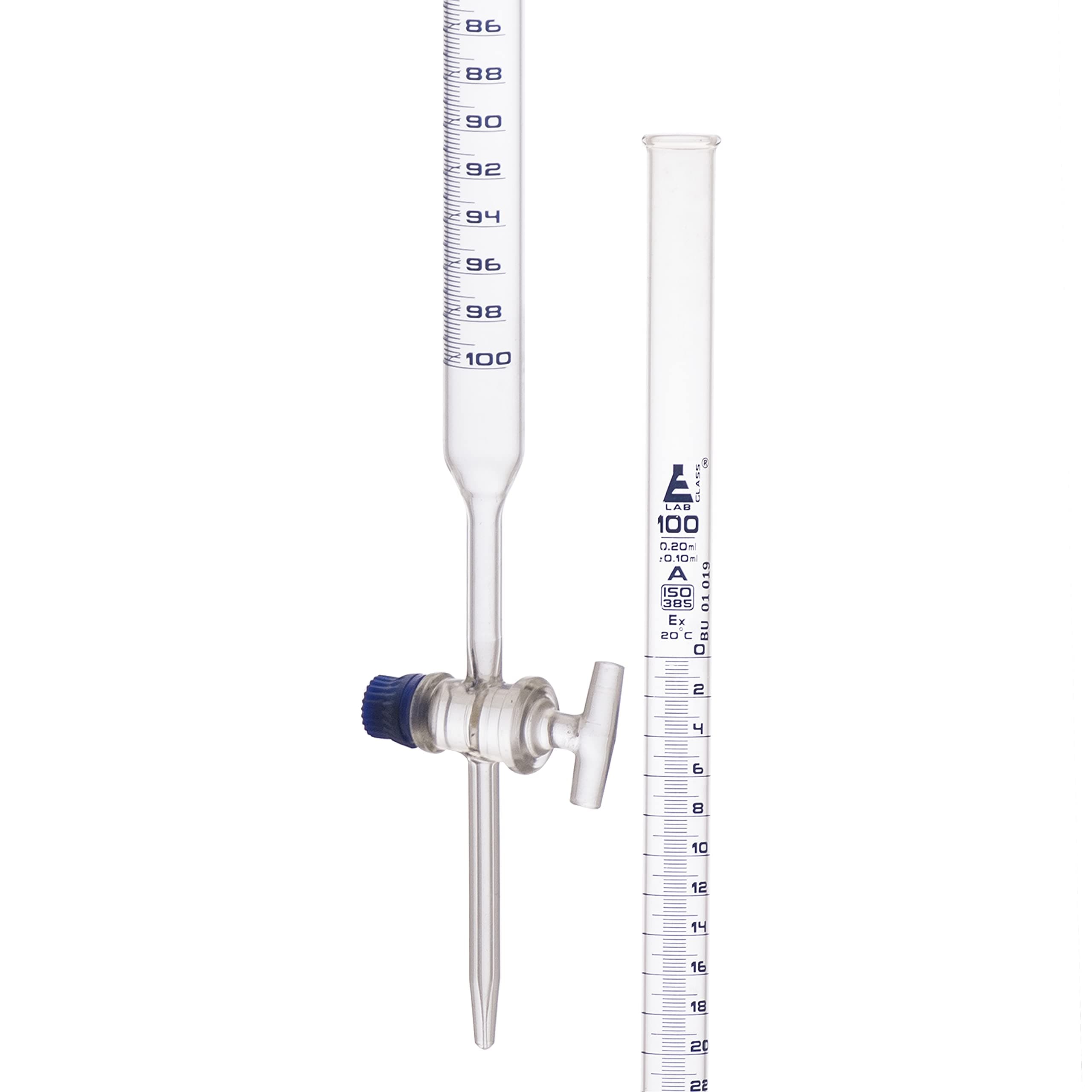 EISCO Burette, 100mL - Class A, DIN 385 Compliant, Borosilicate Glass with Glass Key Stopcock, 0.20mL Graduations