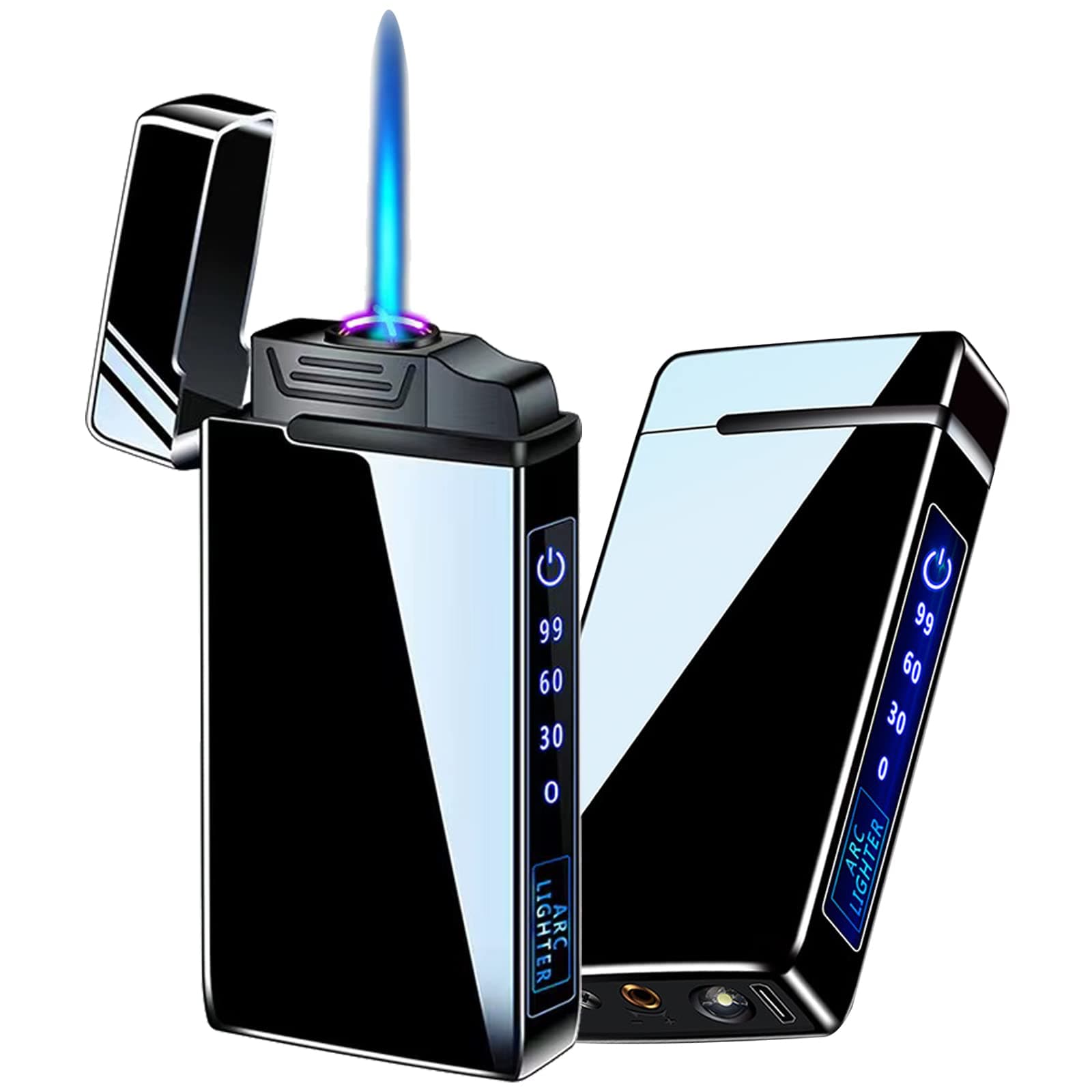 Arc Electric and Refillable Butane Jet Flame Torch Lighter 2 in 1, USB Rechargeable with LED Lighting Windproof for Fire, BBQs, Fireworks, Candle, Camping, Outdoor (Black Ice)