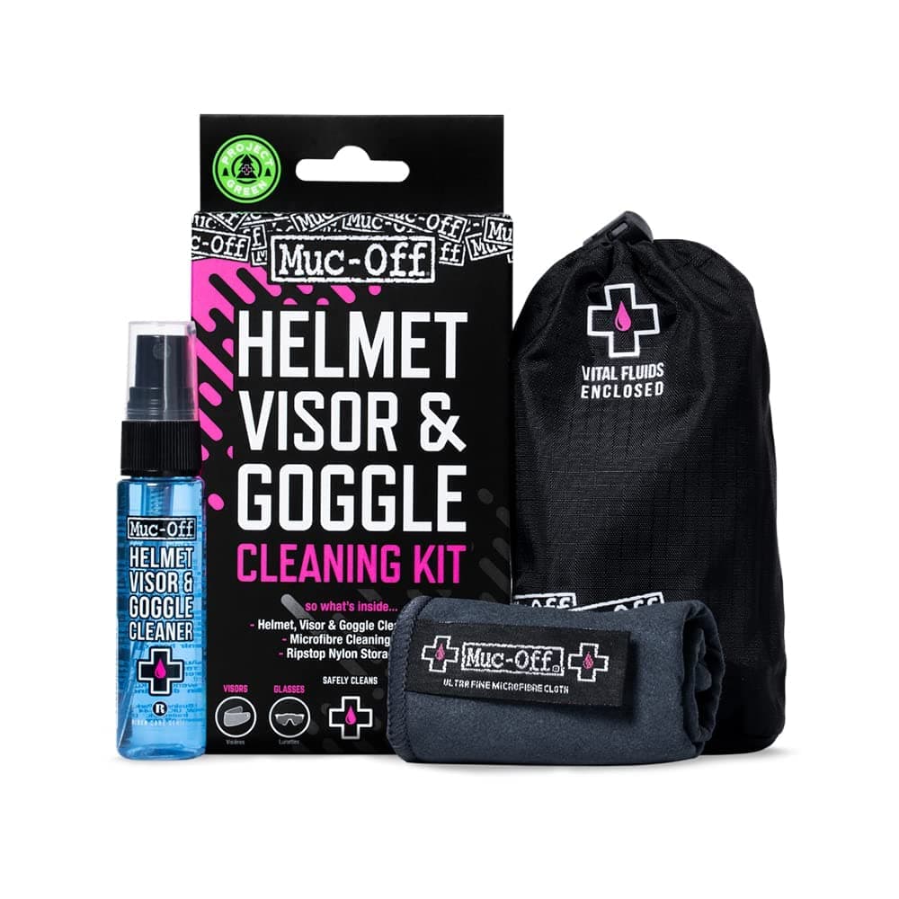 Muc-Off 202C Helmet, Visor And Goggle Cleaning Kit - Includes 30ml Antibacterial, Biodegradable Cleaning Spray And Premium Microfibre Cloth, Black/Blue