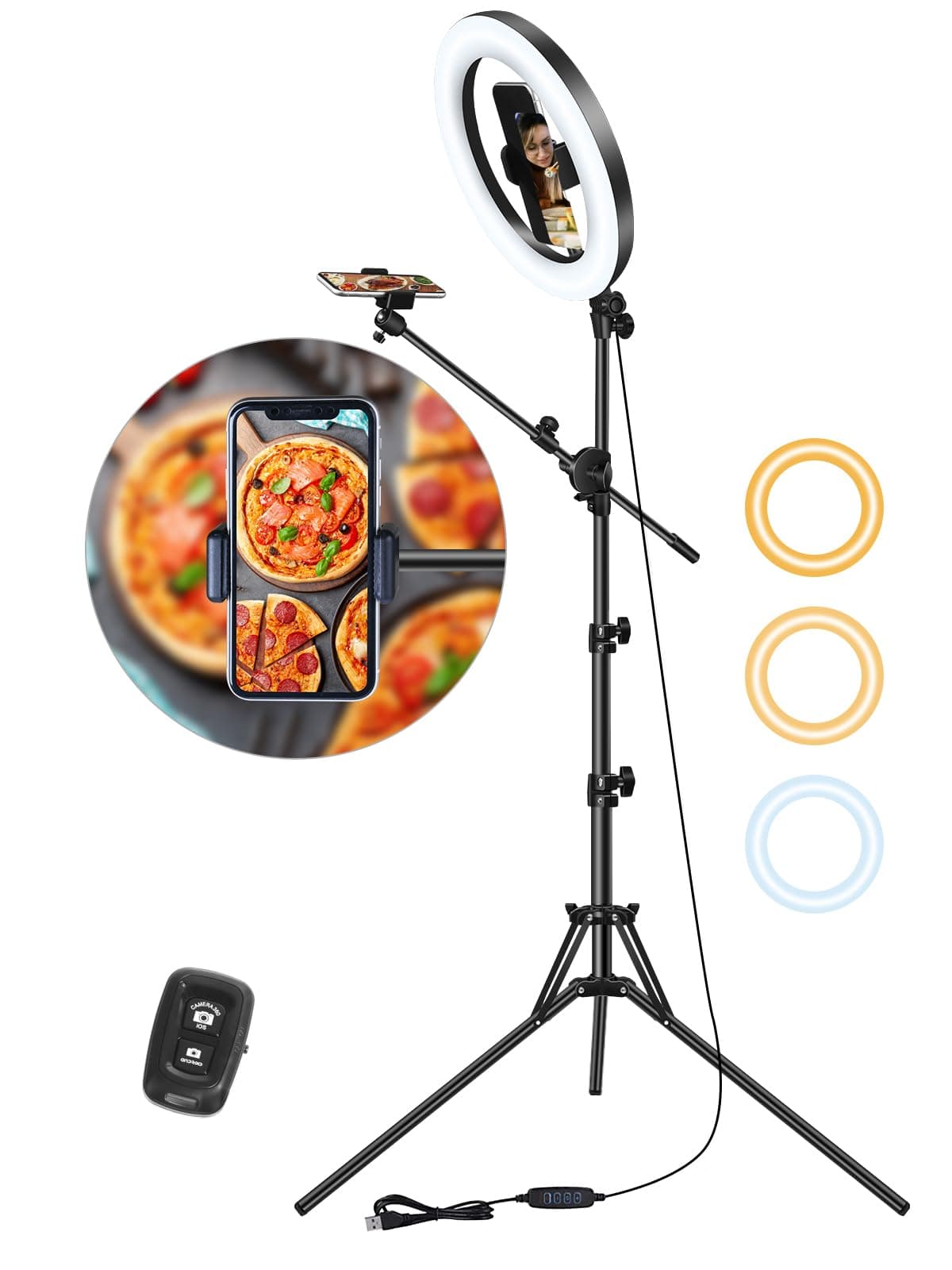 LUXSURE Ring Light with Stand for Phones, Tripod with Ring Light for iPhone, Overhead Phone Mount 10.5" with Phones Stand and Remote, Phone Tripod with Light for Video Recording/Live Stream/Cooking
