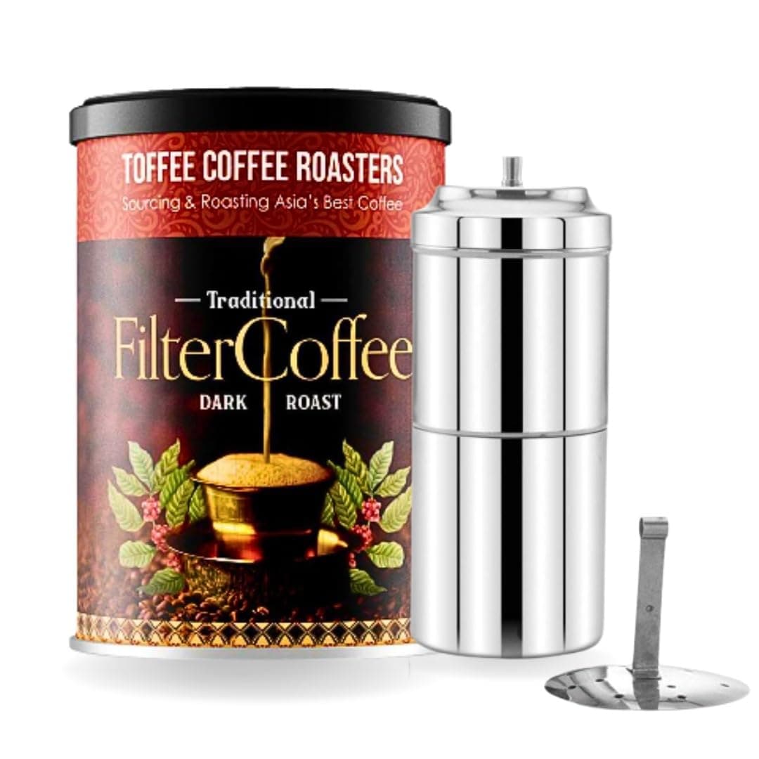 South Indian Filter Coffee (200 gms) + Free Filter Coffee Maker (220ml, 3-4Cups) | As Seen On Shark Tank | Specialty Blend | Traditional Dark Roast Signature Filter Coffee