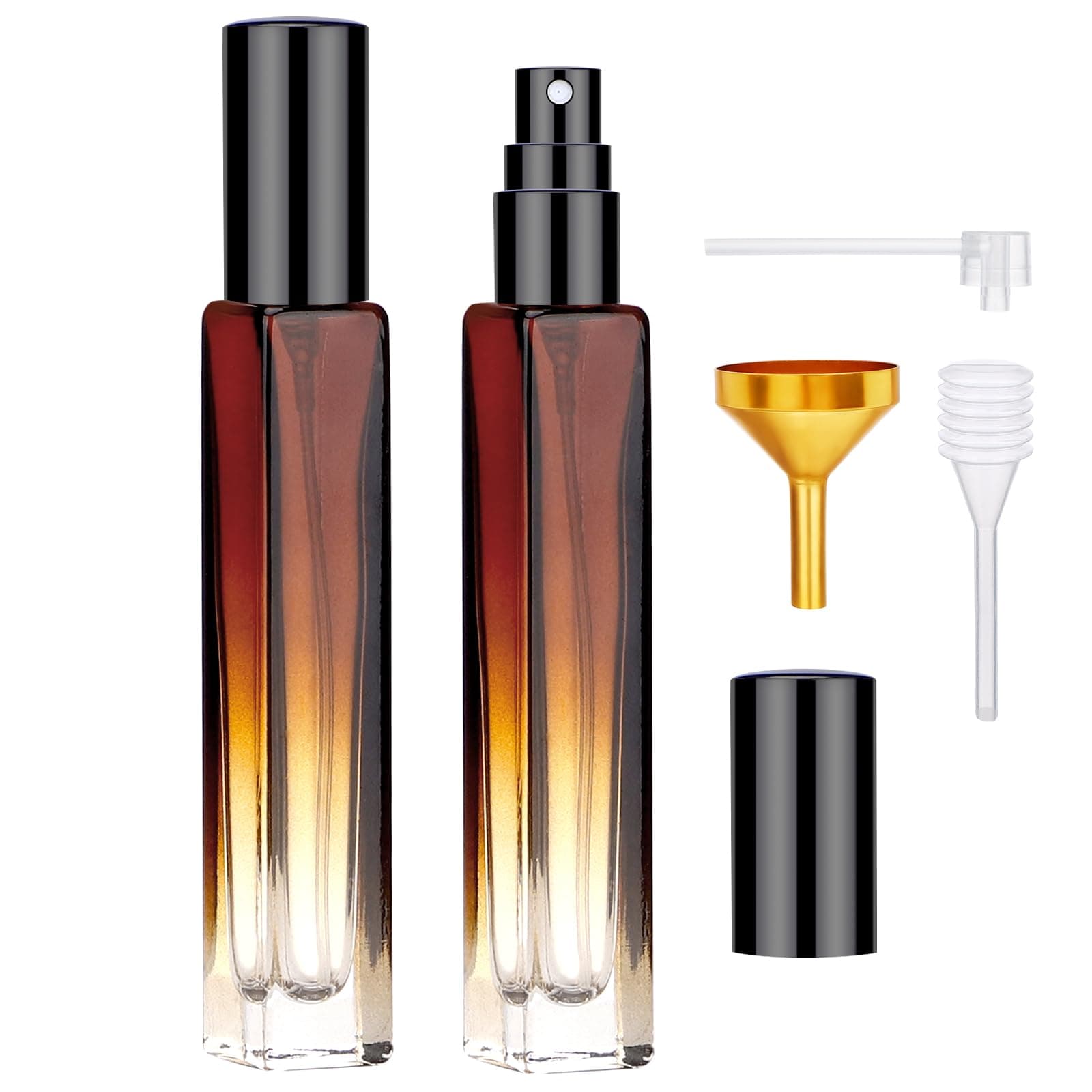 Empty Atomizer, 2pcs 10ML Travel Size Refill Bottle with Funnel and Dropper, Portable Glass Spray Bottle Cologne Dispenser Toiletries Sample Bottles Perfume Making Kit Amber