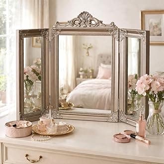HomeZone Large Free Standing Antique Silver Vanity Mirror Cosmetic Makeup Trifold Triple Tabletop Mirror for Bedrooms Bathroom Vaintage Ornate Glass 55x73cm