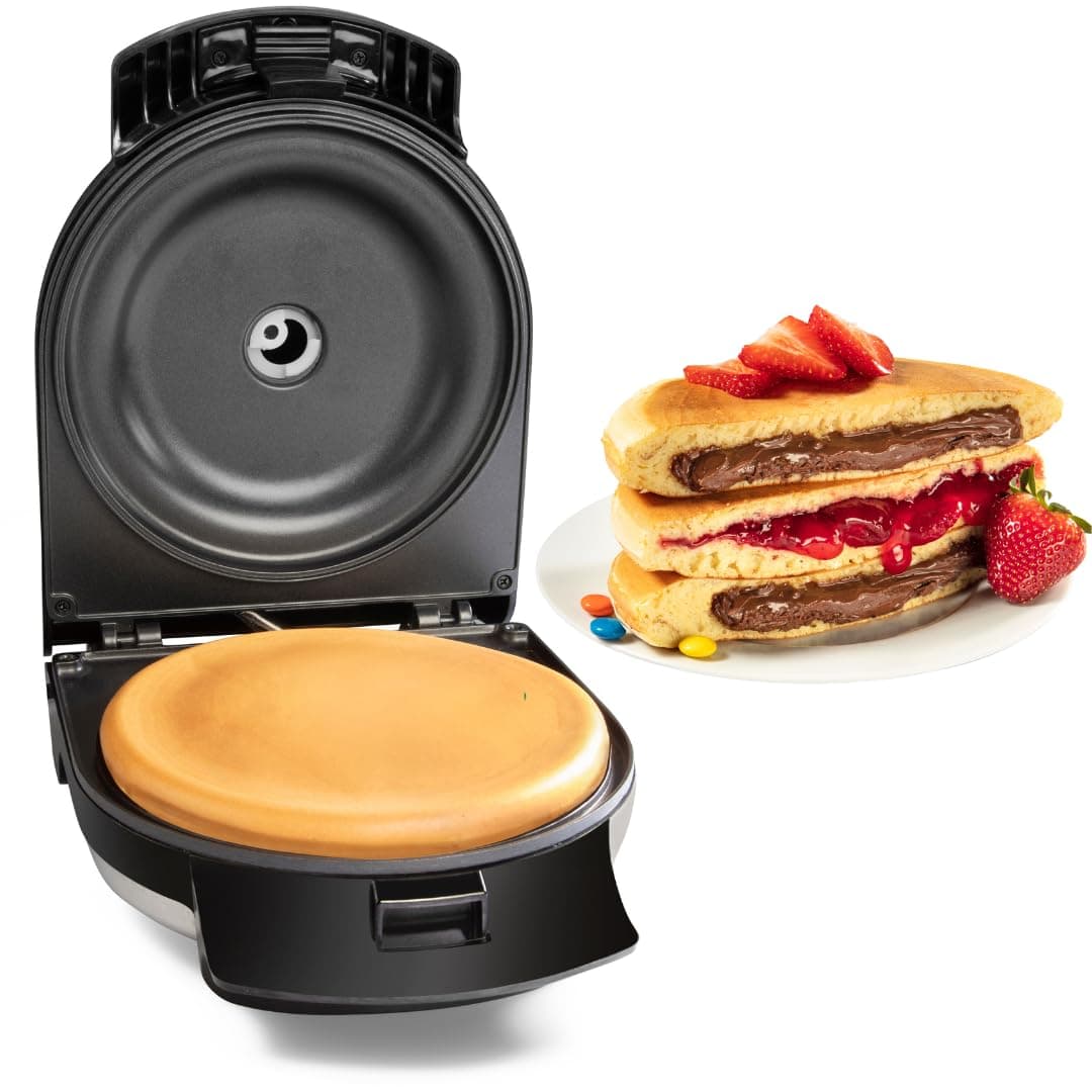 Electric Stuffed Pancake Maker- Make a GIANT Stuffed Waffle or Pan Cake in Minutes - Add Fillings for Delicious Breakfast or Dessert, Nonstick Baker Machine w Silicone Batter Funnel, Fun Unique Treat